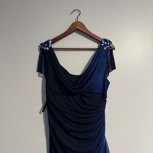 Betsy & Adam | Navy Sparkle Dress with Floral Shoulder Details (Size 16P)